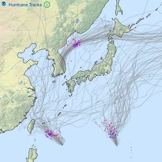 weather forecast map showing an example of NOAA and CMC hurricane predicted tracks